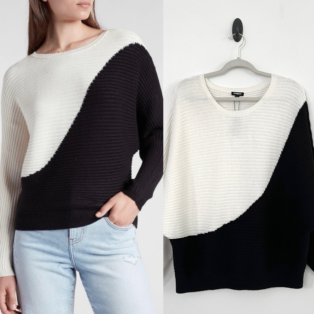 Express Women's Large Black & White Color Block Long Sleeve Pullover Sweater NWT